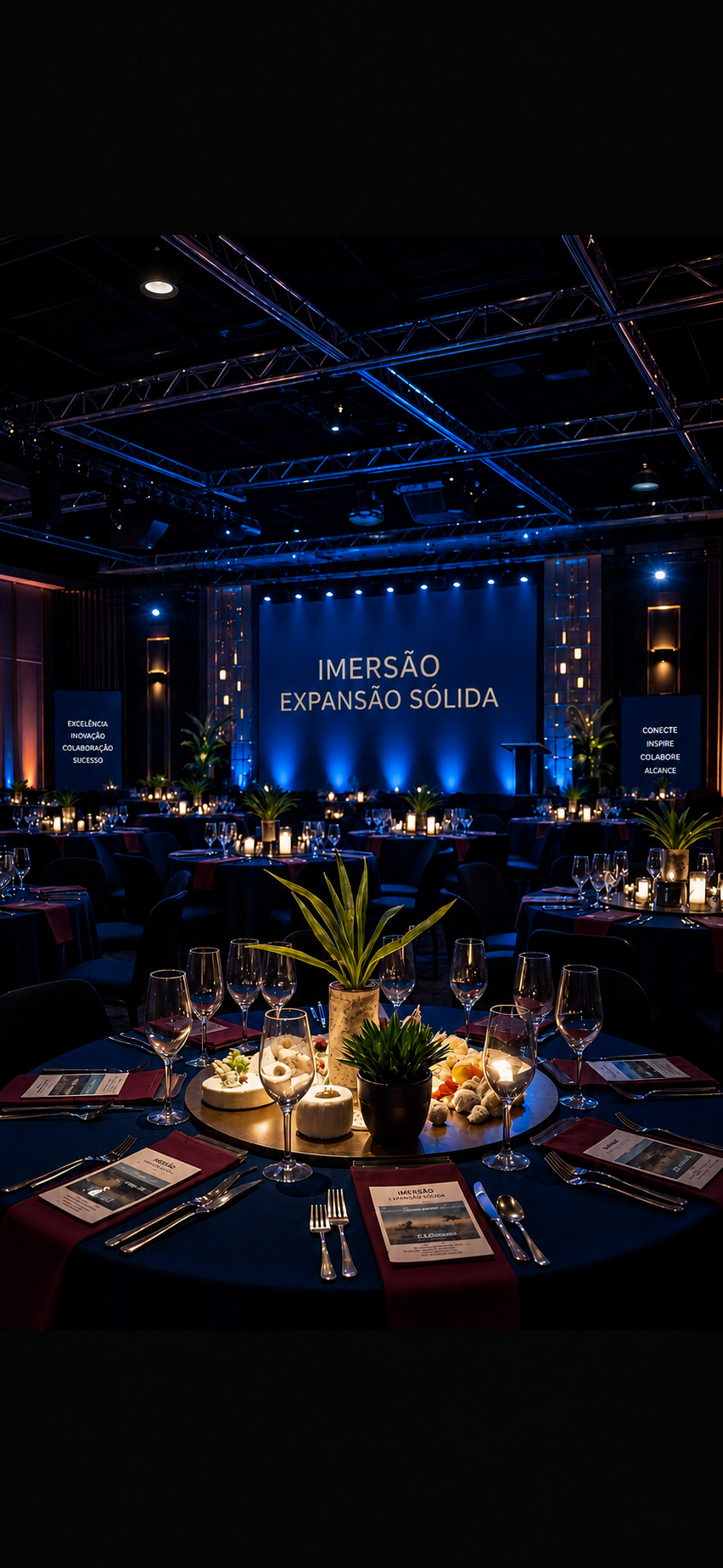 Ambiente da imersão: salão com mesas postas, taças e palco iluminado